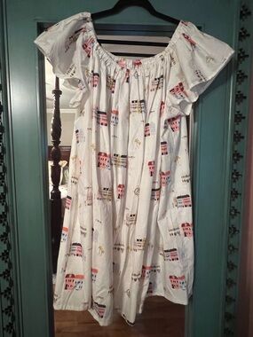 White Off-Shoulder Cotton Dress with Pink & Yellow House Print